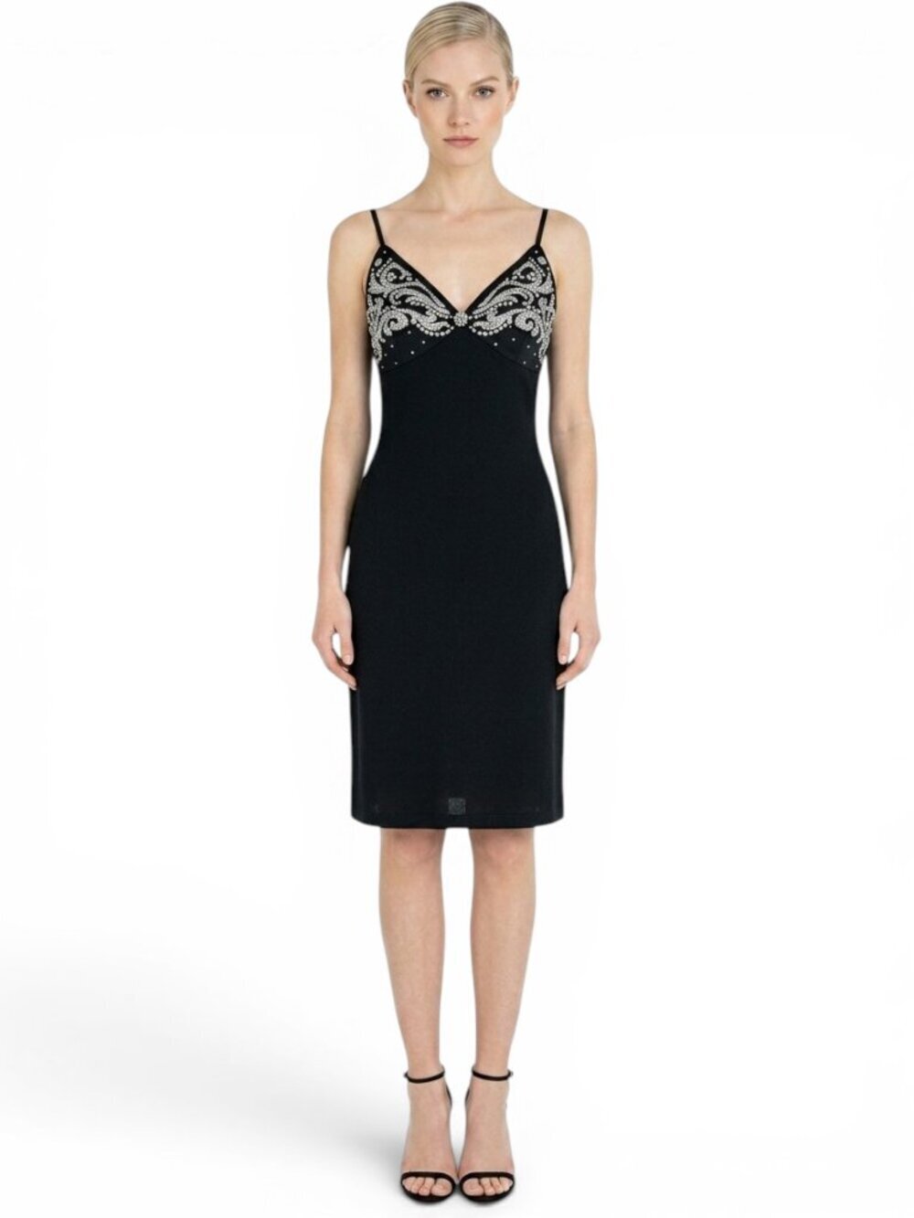 St. John Evening Black White Scroll Rhinestone Paillette Empire Slip Dress 6